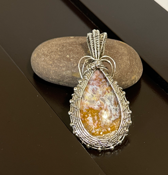 Tear Drop Indonesian River Agate Stone Wire Wrapped Pendant